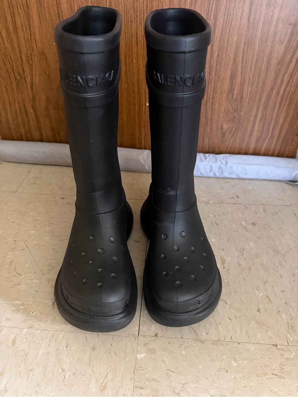 Balenciaga Matte Black Embossed Rubber Boots